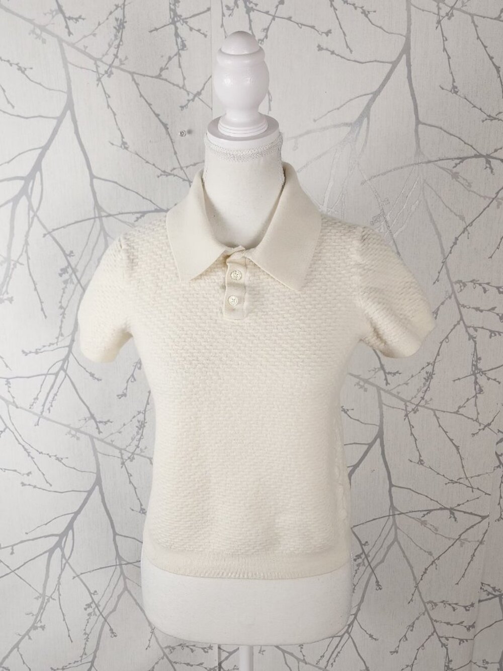 Christian Lacroix Ivory Textured Merino Wool Knit Polo Sweater